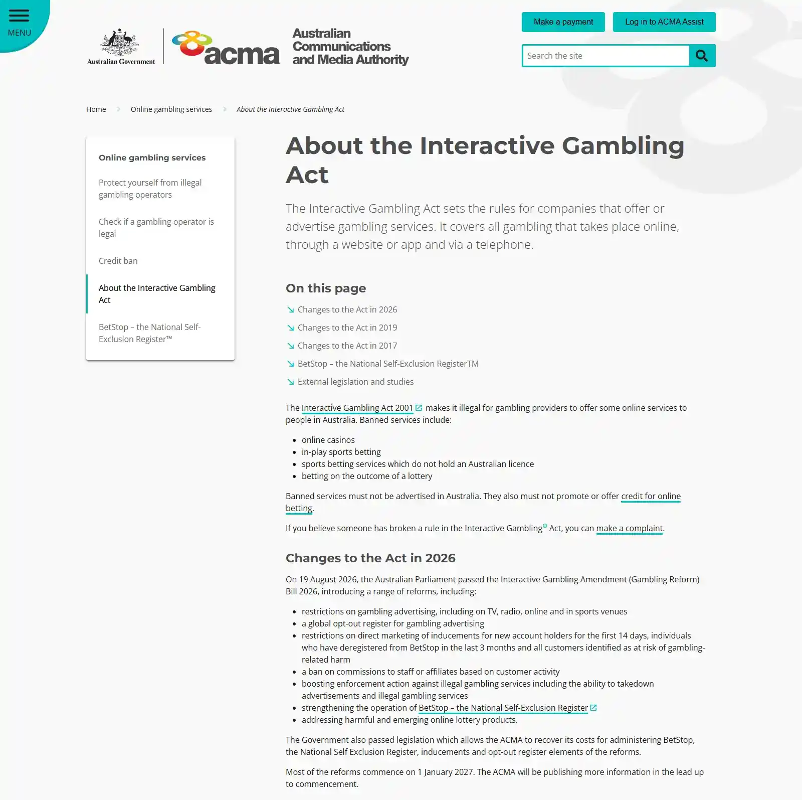 Screenshot of the ACMA About the Interactive Gambling Act page showing online casinos among banned services and the note that most 2026 reforms commence on 1 January 2027