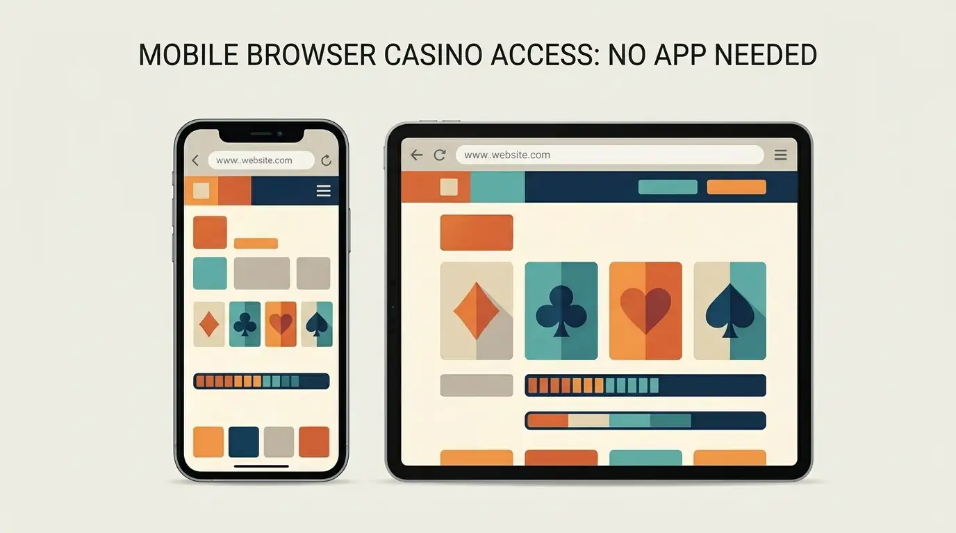 Generic phone and tablet showing a responsive casino-style webpage inside browser frames, illustrating mobile web access without app-store badges or brand logos