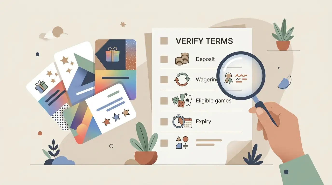 Editorial illustration of a bonus terms checklist with abstract offer cards and a verification magnifier