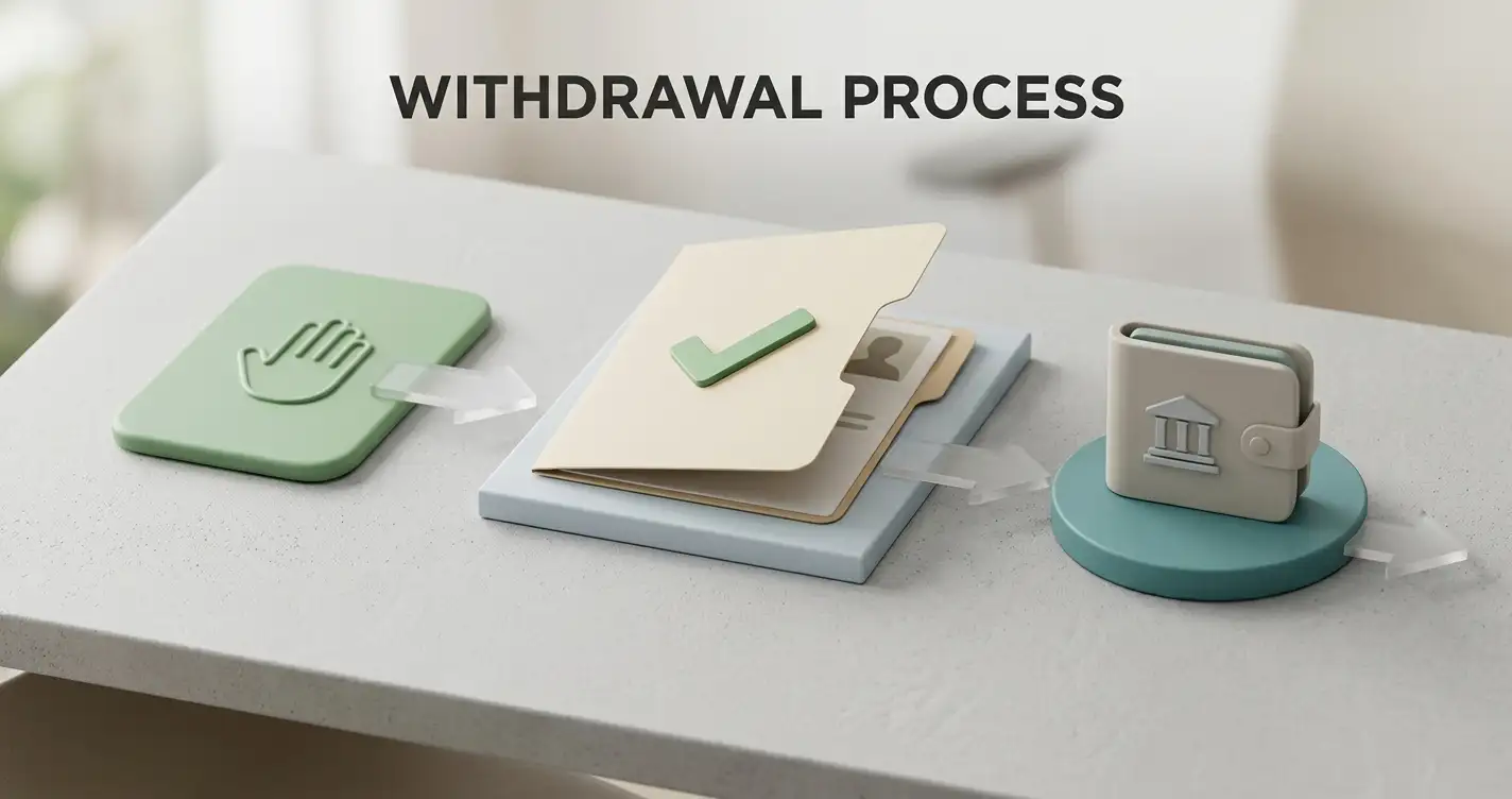 Editorial withdrawal flow showing a cashier request, account identity review and payment completion as separate stages with no timing or limit numbers