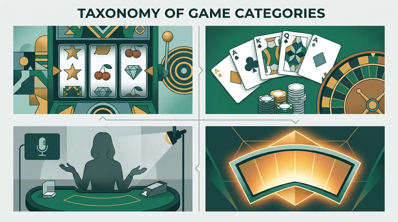 Editorial illustration of pokies, live dealer cards, roulette and jackpot categories arranged as a neutral game library