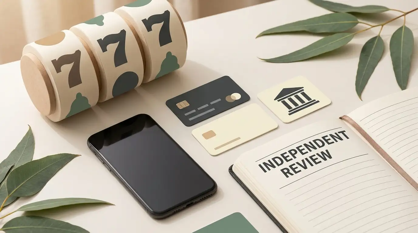 Editorial illustration of an Australian casino review with abstract pokies, a phone, payment symbols and a fact-check notebook